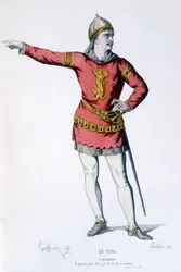 Il personaggio di Don Rodrigue nella tragicommedia Le Cid - Teatro Completo: (Collezione di opere di Corneille) disegno di Geffroy, incisione di Colin - ed. Laplace, Sanchez et Cie, Parigi 1884