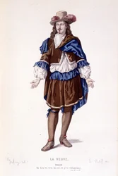 Il personaggio di Philiste in La vedova o il traditore tradito - Teatro completo: (Collezione delle opere di Corneille) disegno di Geffroy, incisione di L. Wolff - ed. Laplace, Sanchez et Cie, Parigi 1884
