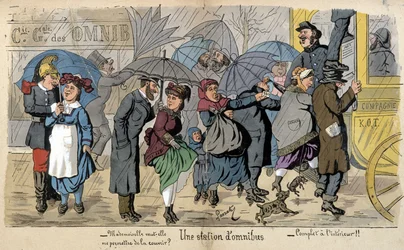 Una stazione di omnibus sotto la pioggia - disegno umoristico di Lavrate, circa 1880