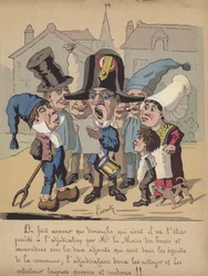 Lettura di un avviso del sindaco relativo alla pulizia delle fogne municipali (litografia a colori)