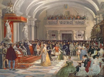 Il matrimonio di Enrico di Borbone, re di Navarra, con Margherita di Valois alla presenza di Caterina de