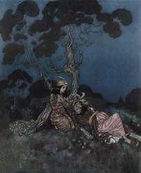 La bella e la bestia: la Bella spaventata dalla Bestia giace vicino a lei, c.1910