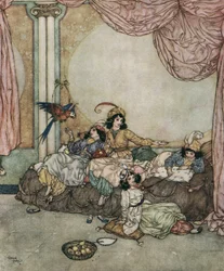 Barbablù: La giovane moglie di Barbablù, Fatima, invita le sue amiche a casa mentre il marito è via per un viaggio c.1910 (litografia)
