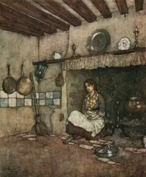 Cenerentola: la giovane Cenerentola seduta tra le ceneri nel camino, c.1910