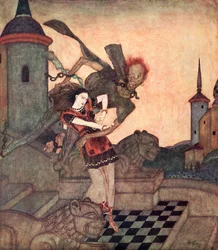 «Il Principe, guardando fuori, lo vide afferrare la Principessa e volare rapidamente via», illustrazione dalla fiaba serba La storia di Bashtchelik, da Il libro delle fiabe di Edmund Dulac: Fiabe delle nazioni alleate, pubblicato nel 1916