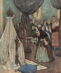 La bella addormentata: una vecchia fata si china sulla culla della principessa e la maledice, c.1910