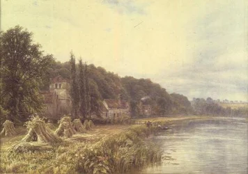 Villaggio sul fiume con figure che pescano