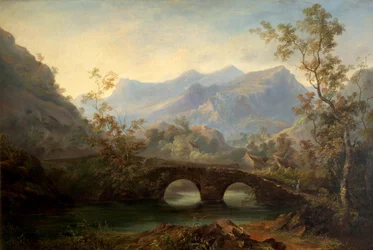 Paesaggio montuoso con fiume, ponte e cottage, XIX secolo