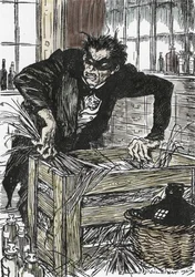 Dr Jekyll cerca disperatamente le polveri che gli permettono di liberarsi del suo carattere di Mr Hyde, Illustrazione di Edmund Joseph Sullivan per il romanzo 