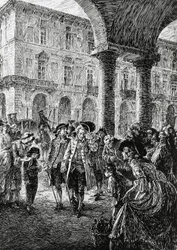 Incontro sotto i portici di Torino, illustrazione per La tempesta, Satet, Torino
