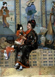 La nuova bambola. Donna in kimono con una bambola (o marionetta) di porcellana. Influenza del Giappone e dell