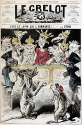 Il coniglio è scappato! - Caricatura sul conflitto franco-tedesco, un cane con elmetto prussiano denuncia un coniglio con cappello dell