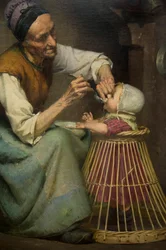 Una vecchia donna nutre la sua nipote tenuta in un girello di vimini, di Edouard Jerome Paupion