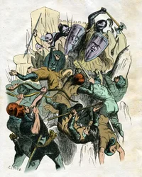 Illustrazione di Edouard Frere (1797-1874) e Theodore Lix (1830-1897) per """"Ivanhoe"""". Ivanhoe" di Walter Scott (1771-1832), scrittore scozzese: Scena di battaglia, assedio al castello.