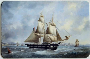 Un brigantino brasiliano lascia il porto di Le Havre (acquerello di Edouard Adam)