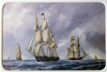 Tre alberi inglesi e brigantino francese nel 1881. Acquerello di Edouard Adam, 1881. Parigi, Museo della Marina