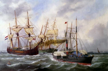 Due tre alberi rimorchiati da Le Neptune a Le Havre nel 1882. Dipinto di Edouard Adam