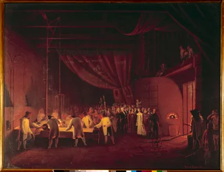 Maria Carolina di Borbone Sicilia, Duchessa di Berry (1798-1870), visita le fabbriche di Saint Gobain nel 1822 I lavoratori realizzano una colata di vetro. Dipinto di Édouard Pingret (1788-1875) 1824 Collezione privata