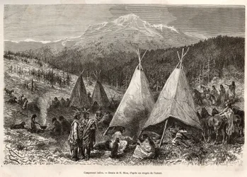 Un campo indiano, nel territorio dello Utah, sulle rive del Riviere Verte. Incisione dal disegno di E. Riou, per illustrare la storia La conquête blanche, di William Hepworth Dixon, nel 1875, pubblicato in "Le tour du monde" 1876, a cura di Edouard Charton