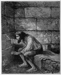 Edmond Dantès, il Conte di Montecristo nella sua prigione - Incisione di Riou, in "Il Conte di Montecristo" di Alexandre Dumas, Rouff & Cie