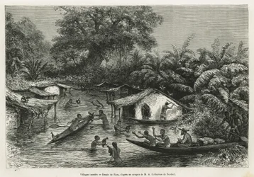Villaggi inondati, disegno di Riou, per illustrare la storia di un viaggio in Gabon e sul fiume Ogoué nel 1875-1877, di Alfred Marche. Incisione in Le tour du monde.