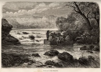 La traversata con il traghetto del fiume Mesacancha (Basso Perù), incisione di E.Riou illustrante il viaggio nelle montagne, la valle di Huarancalqui e le regioni di Pjonal, dal 1862 al 1863, di Paul Marcoy, pubblicato in "Le tour du monde" 1875