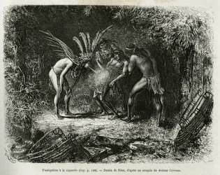 Fumigazione medica con sigarette negli indiani Roucouyan. Incisione di Riou, per illustrare la storia di Cayenne aux Andes, di Jules Crevaux, medico della marina francese, nel 1878-1879, pubblicato nel Tour du monde, sotto la direzione di Edouard Charton