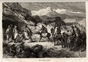 P.Marcoy trova un amico, diventato colonnello del genio e postato in una grotta vicino al lago di Cailloma, insieme ricevono la visita dei notabili della città, inciso da un disegno di E.Riou, illustrante il viaggio nelle montagne, la valle di Huarancalqui