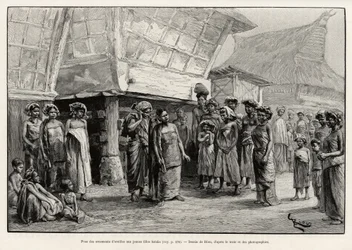 Giocare con ornamenti auricolari per ragazze Batak, gruppo etnico del nord di Sumatra. Incisione di Riou per illustrare la storia "un anno in Malesia", di Jules Claine (1856-1939)