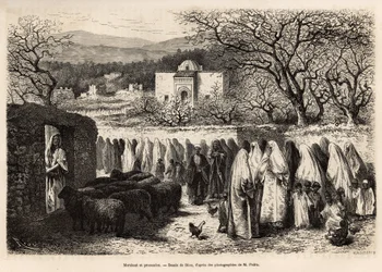 Processione al Marabout de Tlemcen, incisione per illustrare il viaggio a Tlemcen (Algeria), 1875, di E. de Lorral