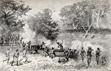 La spedizione di soccorso di Emin Pasha di Sir Henry Morton Stanley attaccata dai cannibali Avisibba con frecce avvelenate, 1890