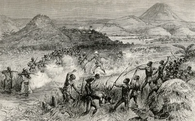 Il primo incontro di Sir Henry Morton Stanley con il popolo Mazamboni, 1890 (incisione su legno)