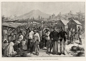 La passeggiata al Pager Alam Cafe (Malesia). Incisione di Riou per illustrare la storia 