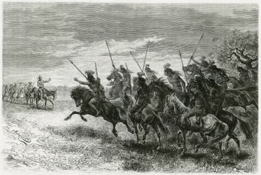 Indiani Tobas (dalla regione del Chaco, tra Paraguay e Bolivia) che rifiutano di passare alla colonna della spedizione Thouar. Incisione di Riou, per illustrare la storia 
