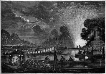 Festa veneziana a Neuilly a beneficio dei poveri nel 1858. Incisione di Riou in "Le Monde Illustré" n°77 del 2 ottobre 1858.