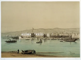 Veduta del Canale in "Inaugurazione del Canale di Suez" di G. Nicole. 1869
