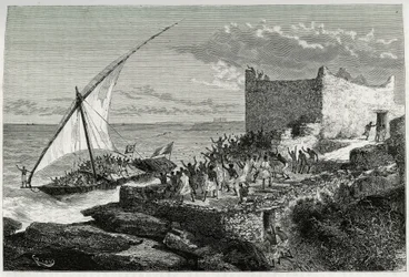 Con lo sterco dei viaggiatori che entrano nel porto di Moguedouchou (Mogadiscio), i marinai fanno un gran baccano per attirare le persone che li accolgono con grida di entusiasmo. Incisione di Riou, per illustrare il racconto “Viaggio tra i Benadir, i soma