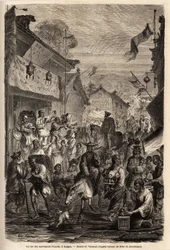 La strada dei commercianti di abbigliamento, Kalgan, Mongolia. Disegno di Vaumort, per illustrare il viaggio da Shanghai a Mosca, dal 1859 al 1862, di M. de Bourboulon, ministro francese in Cina. Incisione in "Le tour du monde"