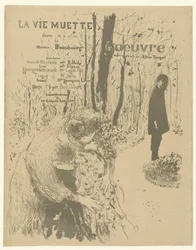 Copertina per programma teatrale con donna con due bambini e uomo nel parco per lo spettacolo La vie muette