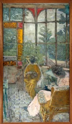 Due donne che ricamano sotto una veranda. Lucie Hessel e l