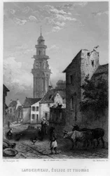 Veduta di Landerneau e della Chiesa di San Tommaso, Finistère, Bretagna, Francia. Incisione di Willmann in 