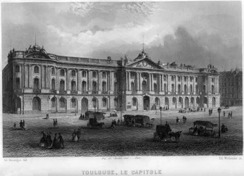 Veduta del Campidoglio della città di Tolosa, Haute-Garonne (Haute Garonne), Midi-Pirenei (Midi Pyrenees), Francia. Incisione di Willmann in "La France ancienne et moderne" di Jean-Bernard Mary-Lafon