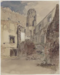 Rovine del castello a Gollub, veduta del cortile con torre