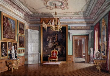 Veduta della sala del trono di Paolo I (1754-1801) a Gatchina, al centro il ritratto di Pietro I
