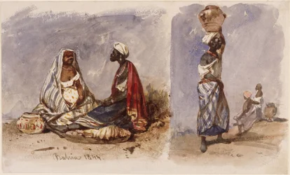 Due scene con venditrici ambulanti di Bahia, sedute e in piedi