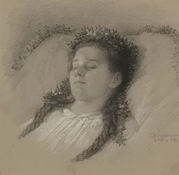 Una ragazza sul letto di morte con una corona di fiori