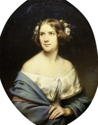 Ritratto di Jenny Lind, in piedi a mezzo busto in un vestito bianco e uno scialle azzurro chiaro