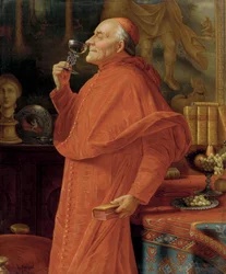 Cardinale che esamina il bouquet di un vino bianco (in un bicchiere veneziano). Intorno al 1900.