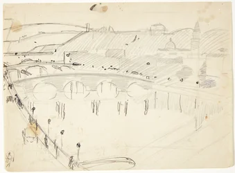 Vista da una finestra presso Lungarno sul fiume verso Santo Spirito e le colline di San Miniato, Firenze