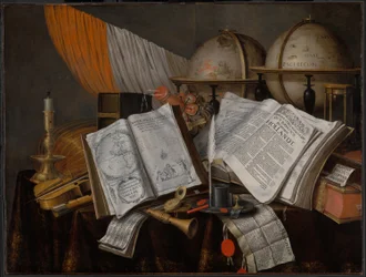 Natura morta vanitas con bandiera, candelabro, strumenti musicali, libri, materiale per scrittura, globi e clessidra